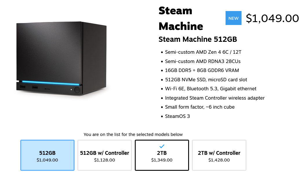 Current listed price of the Steam Machine and its specs (2TB Model shown)